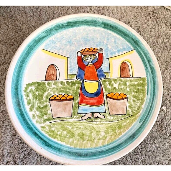 Nino Parrucca Pottery Modernist Plate 10.5" Made in Italy 214 Orange Basket Lady - Picture 1 of 4